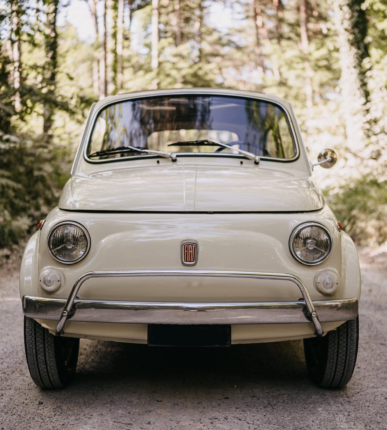 Fiat 500L color avorio, vista frontale su una strada di campagna alberata